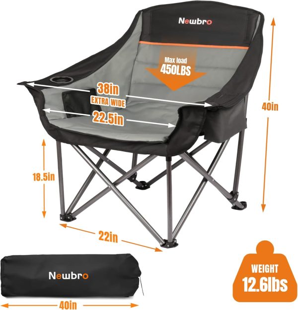 2 Pack Big Heavy Duty Camping Chairs with Cooler Bags, XL Fully Padded Folding Portable Camping Chairs for Adults, Oversized Outdoor Patio Lawn Chair with Arm Cup Holder Supports 450lbs - Image 3