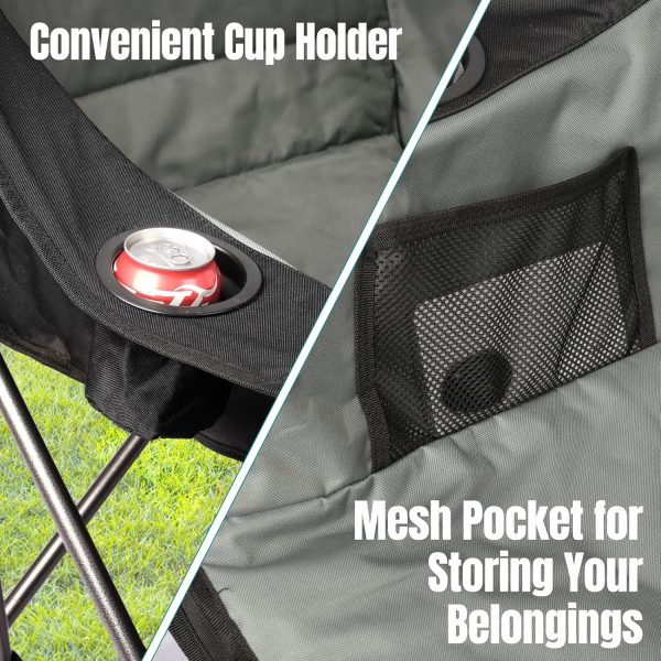 2 Pack Big Heavy Duty Camping Chairs with Cooler Bags, XL Fully Padded Folding Portable Camping Chairs for Adults, Oversized Outdoor Patio Lawn Chair with Arm Cup Holder Supports 450lbs - Image 6