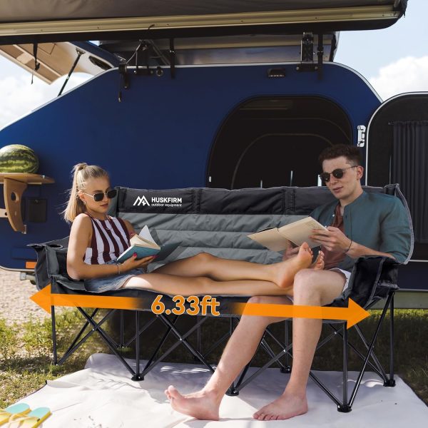 3 Person Camping Chairs Folding Double Camping Chair Portable Oversized Loveseat Padded Camp Chair Heavy Duty Camping Couch for Adults Outdoor Lawn with Two Cup Holders and Carry Bag - Image 2