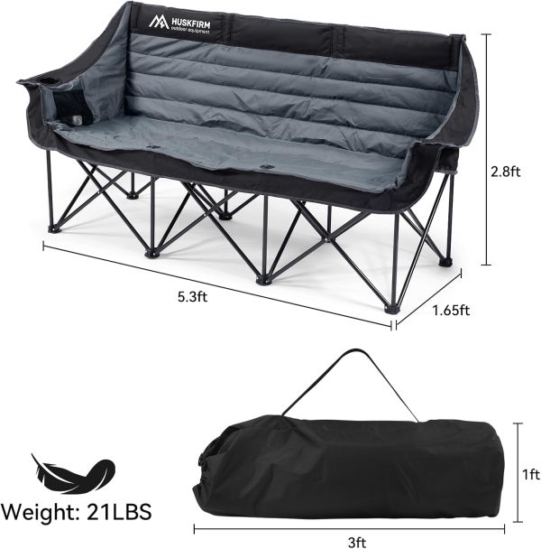 3 Person Camping Chairs Folding Double Camping Chair Portable Oversized Loveseat Padded Camp Chair Heavy Duty Camping Couch for Adults Outdoor Lawn with Two Cup Holders and Carry Bag - Image 3